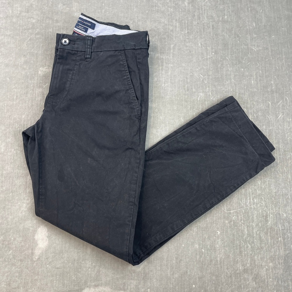 Tommy Hilfiger Mens 28x30 Black Chino Pants Slim Fit Solid Cotton Blend Casual